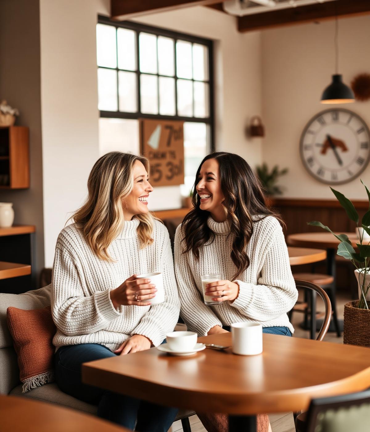 Two women mentors talking warmly over coffee