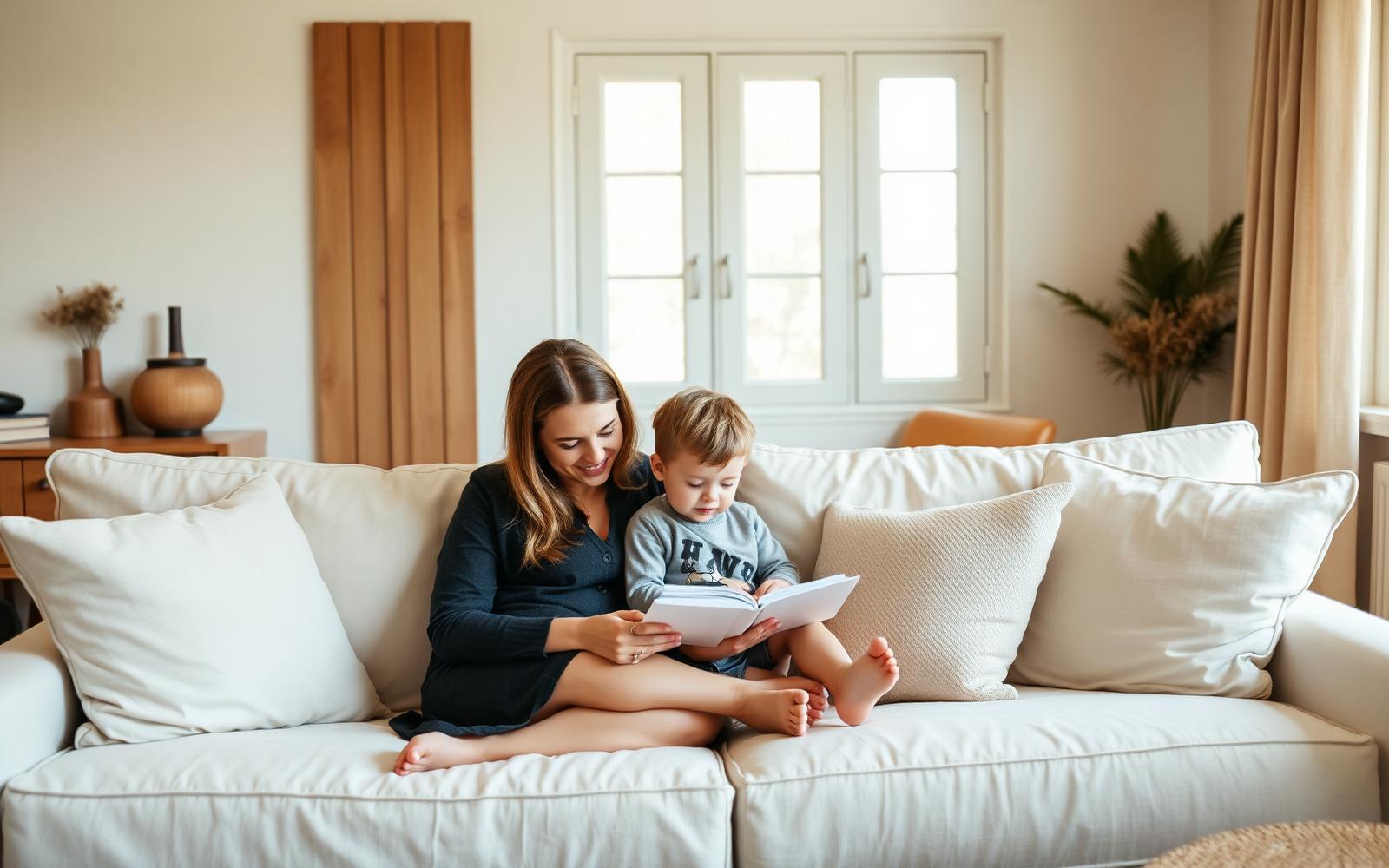 Mother reading with her child in a warm, minimalist home