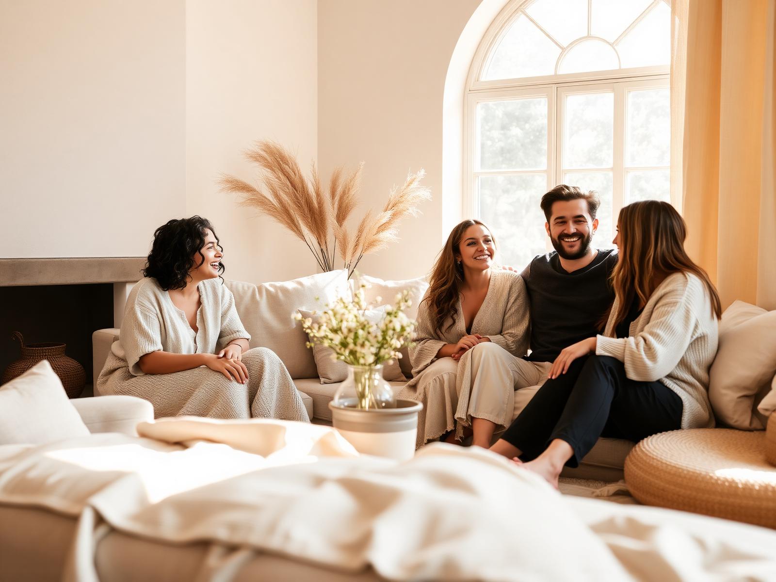 A warm gathering of family and friends in a sunlit boho living space